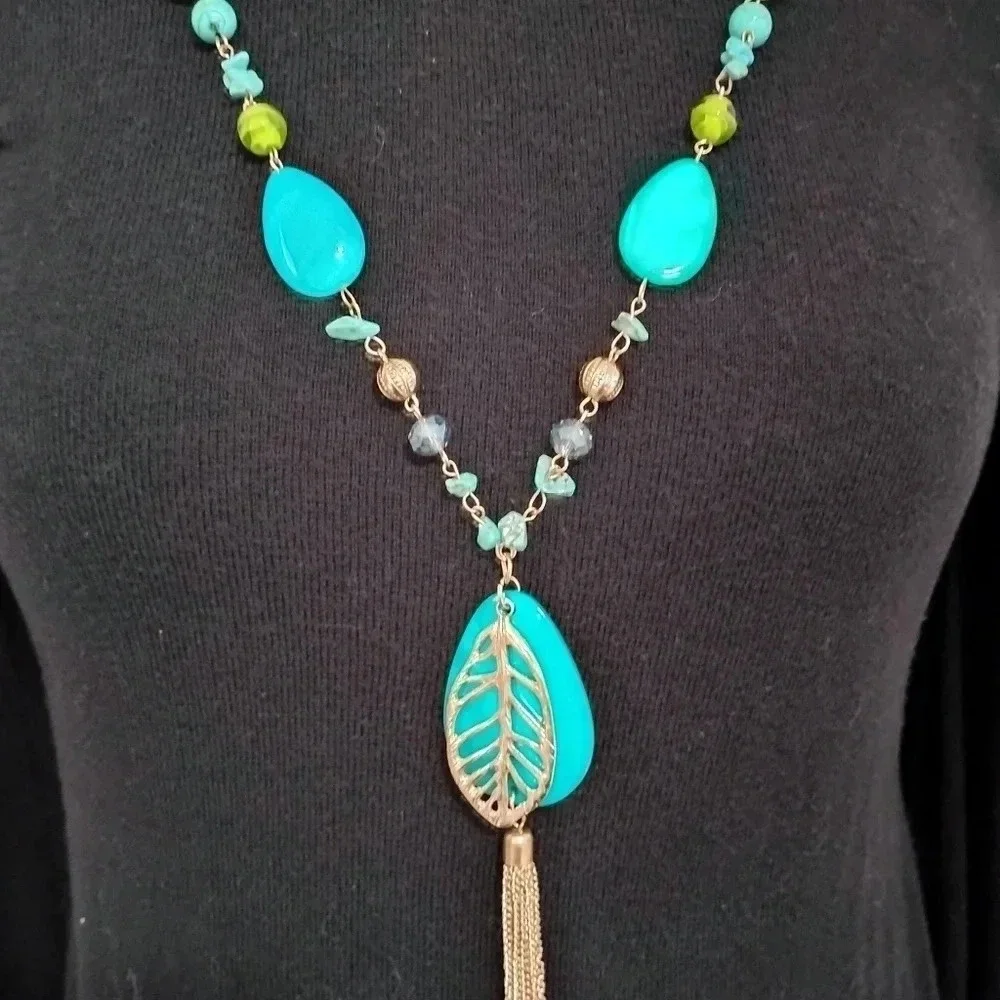 Jules Gold Tone Statement Tassel Necklace Blue and Green Opera Length